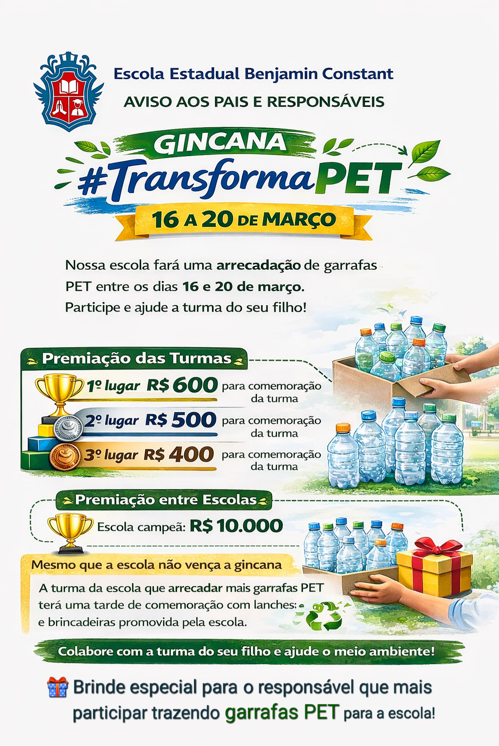 Mobilização dos pais e responsáveis para arrecadação de PETs